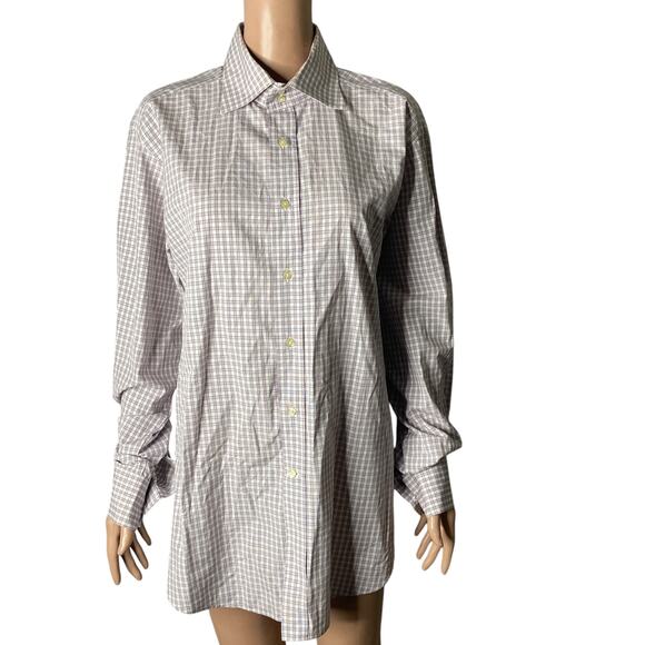 Etro Milano Shirt Mens 42 Button Front Checks Brown White - Picture 1 of 9